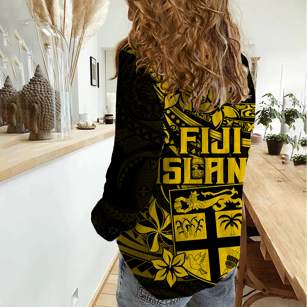 Fiji Islands Women Casual Shirt Coat of Arms Fijian Flower Polynesian Pattern - Yellow LT9 - Polynesian Pride