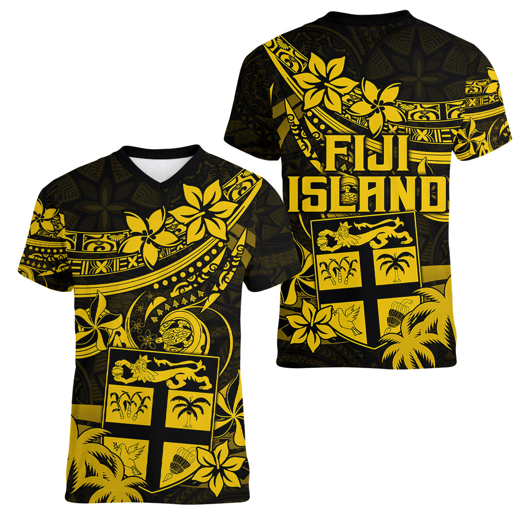 Fiji Islands Women V Neck T Shirt Coat of Arms Fijian Flower Polynesian Pattern - Yellow LT9 - Polynesian Pride
