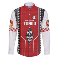 Custom Tonga Rugby Family Matching Long Sleeve Bodycon Dress and Hawaiian Shirt Mate Maa Kupesi Style LT9 Dad's Shirt - Long Sleeve Red - Polynesian Pride
