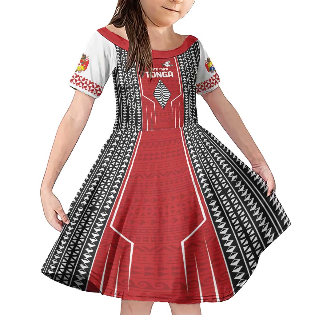 Custom Tonga Rugby Family Matching Short Sleeve Bodycon Dress and Hawaiian Shirt Mate Maa Kupesi Style LT9 Daughter's Dress Red - Polynesian Pride