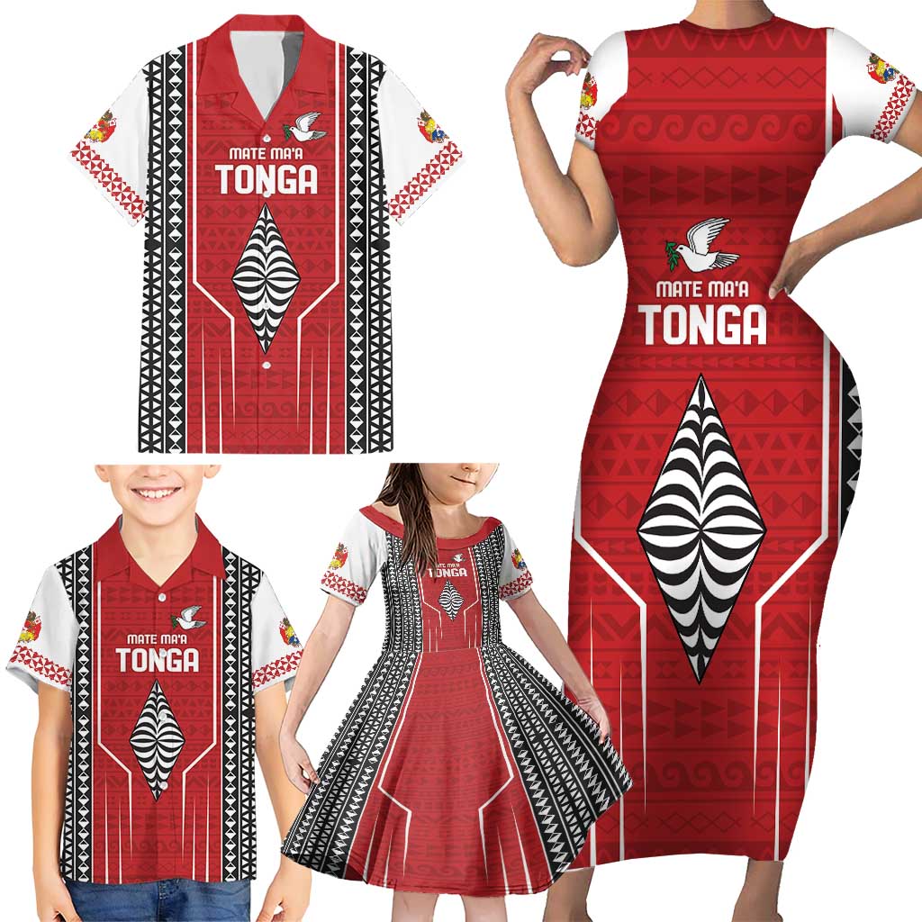 Custom Tonga Rugby Family Matching Short Sleeve Bodycon Dress and Hawaiian Shirt Mate Maa Kupesi Style LT9 - Polynesian Pride