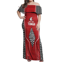 Custom Tonga Rugby Off Shoulder Maxi Dress Mate Maa Kupesi Style LT9 Women Red - Polynesian Pride