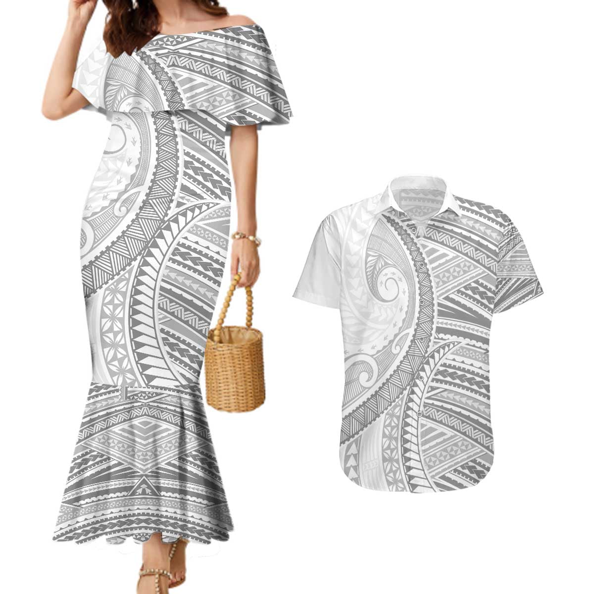 American Samoa White Sunday Couples Matching Mermaid Dress and Hawaiian Shirt Polynesian Lotu Tamaiti - Polynesian Pride