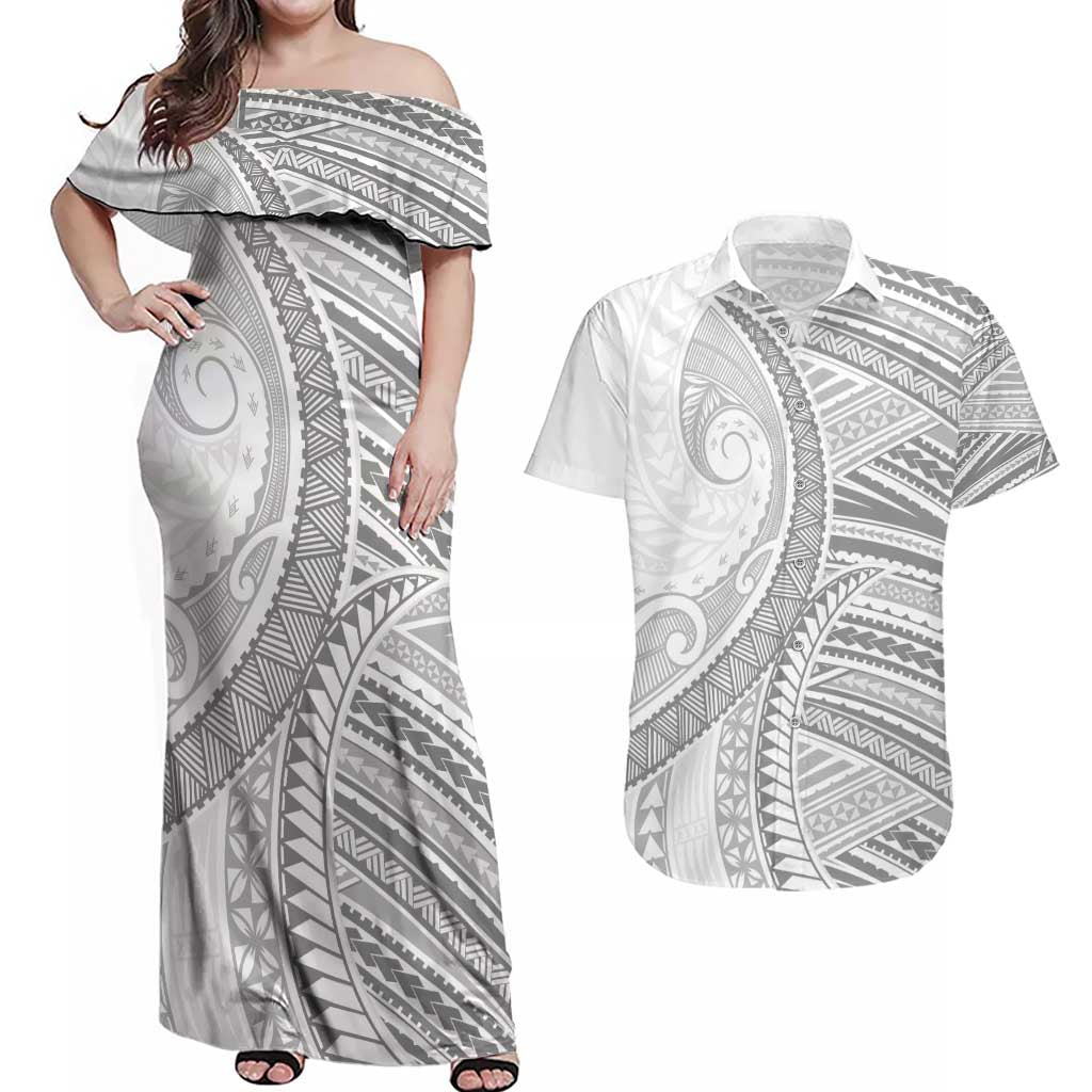 American Samoa White Sunday Couples Matching Off Shoulder Maxi Dress and Hawaiian Shirt Polynesian Lotu Tamaiti - Polynesian Pride