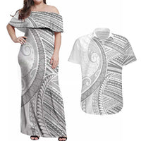 American Samoa White Sunday Couples Matching Off Shoulder Maxi Dress and Hawaiian Shirt Polynesian Lotu Tamaiti - Polynesian Pride