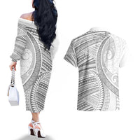 American Samoa White Sunday Couples Matching Off The Shoulder Long Sleeve Dress and Hawaiian Shirt Polynesian Lotu Tamaiti - Polynesian Pride