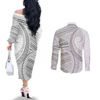 American Samoa White Sunday Couples Matching Off The Shoulder Long Sleeve Dress and Long Sleeve Button Shirt Polynesian Lotu Tamaiti - Polynesian Pride