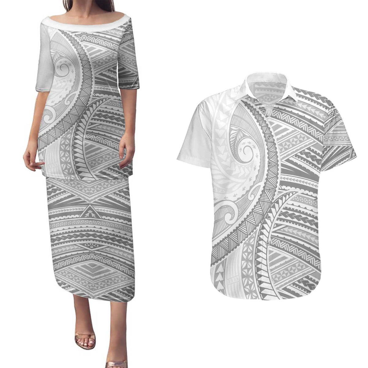 American Samoa White Sunday Couples Matching Puletasi and Hawaiian Shirt Polynesian Lotu Tamaiti - Polynesian Pride