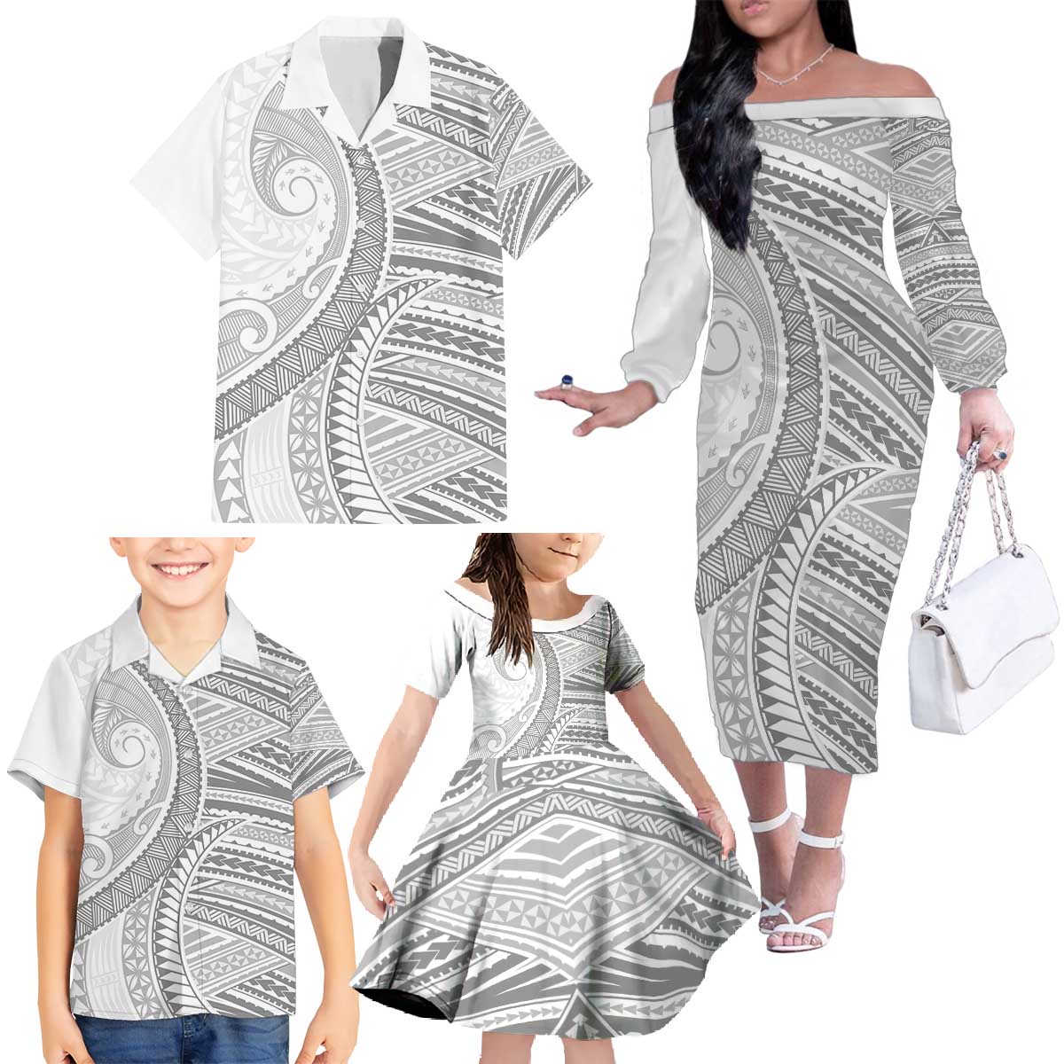 American Samoa White Sunday Family Matching Off The Shoulder Long Sleeve Dress and Hawaiian Shirt Polynesian Lotu Tamaiti - Polynesian Pride