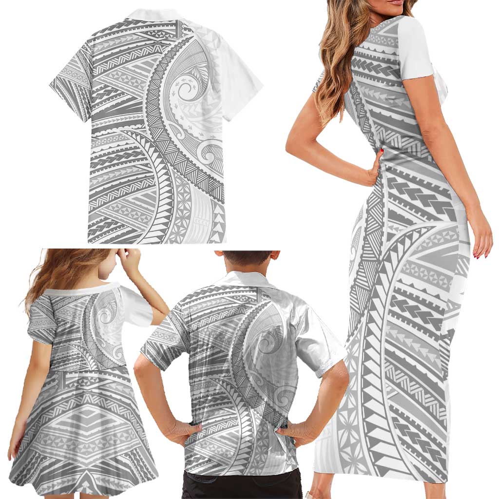 American Samoa White Sunday Family Matching Short Sleeve Bodycon Dress and Hawaiian Shirt Polynesian Lotu Tamaiti - Polynesian Pride