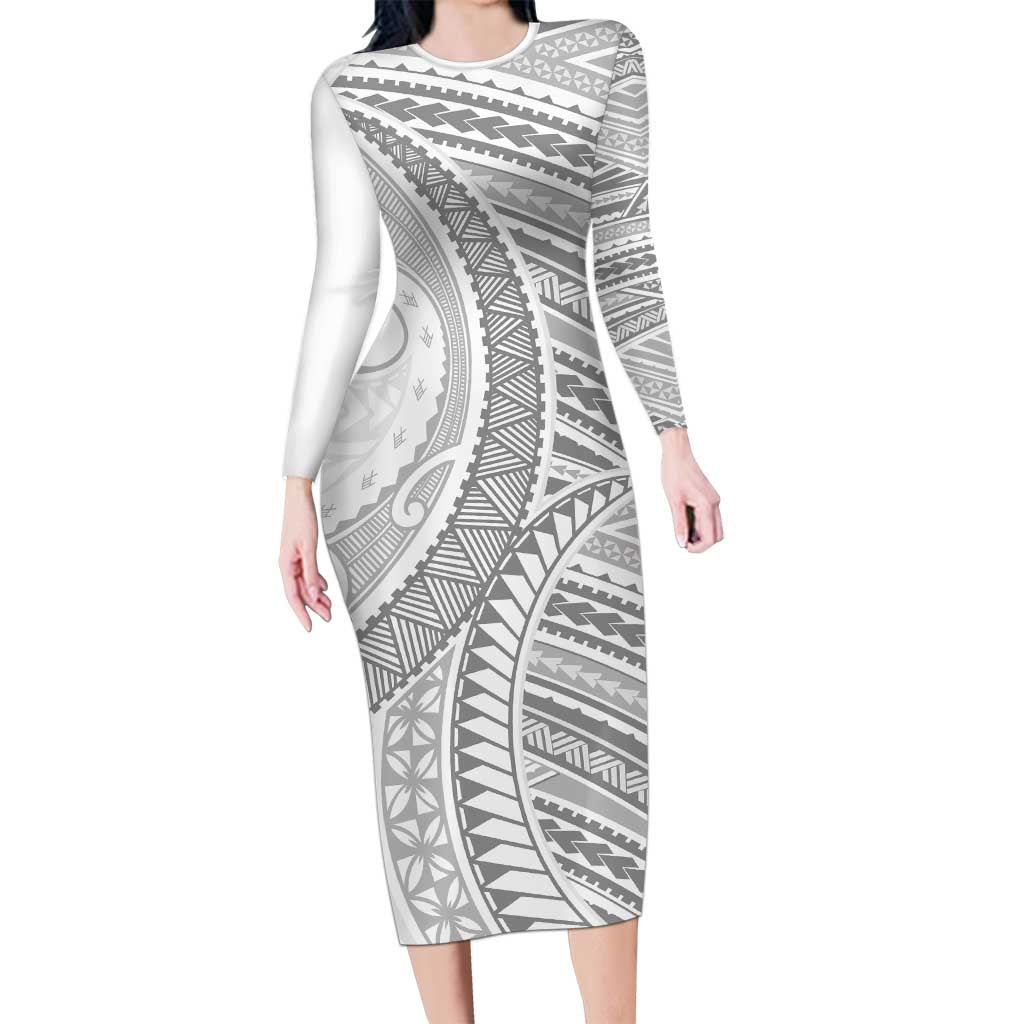American Samoa White Sunday Long Sleeve Bodycon Dress Polynesian Lotu Tamaiti - Polynesian Pride