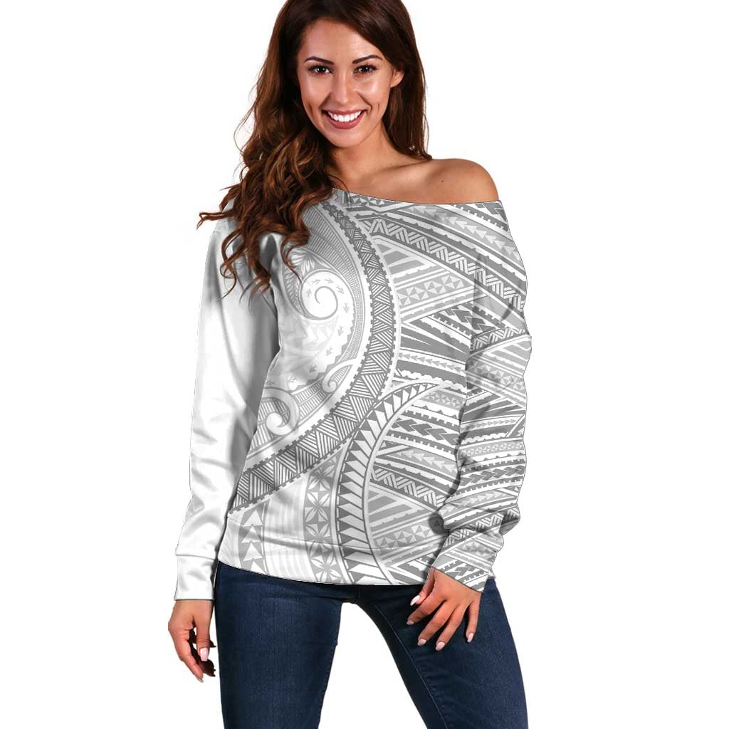 American Samoa White Sunday Off Shoulder Sweater Polynesian Lotu Tamaiti - Polynesian Pride