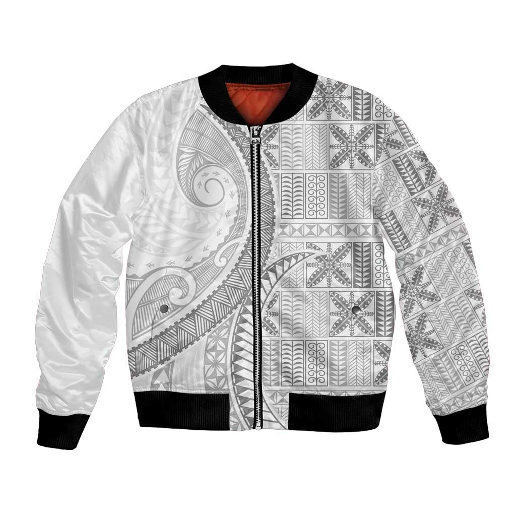 Niue White Sunday Bomber Jacket Niuean Lotu Tamaiti Hiapo Pattern - Polynesian Pride