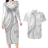 Niue White Sunday Couples Matching Long Sleeve Bodycon Dress and Hawaiian Shirt Niuean Lotu Tamaiti Hiapo Pattern - Polynesian Pride