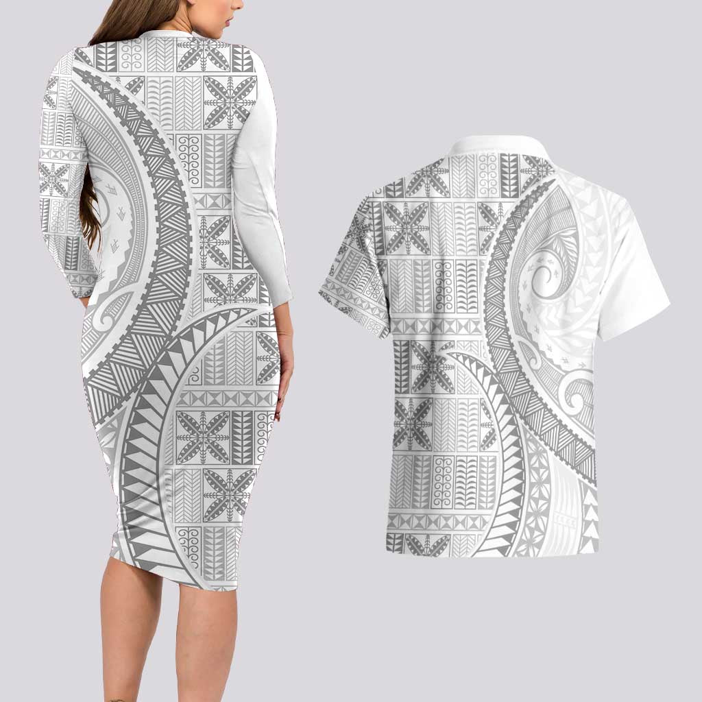 Niue White Sunday Couples Matching Long Sleeve Bodycon Dress and Hawaiian Shirt Niuean Lotu Tamaiti Hiapo Pattern - Polynesian Pride