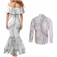 Niue White Sunday Couples Matching Mermaid Dress and Long Sleeve Button Shirt Niuean Lotu Tamaiti Hiapo Pattern - Polynesian Pride