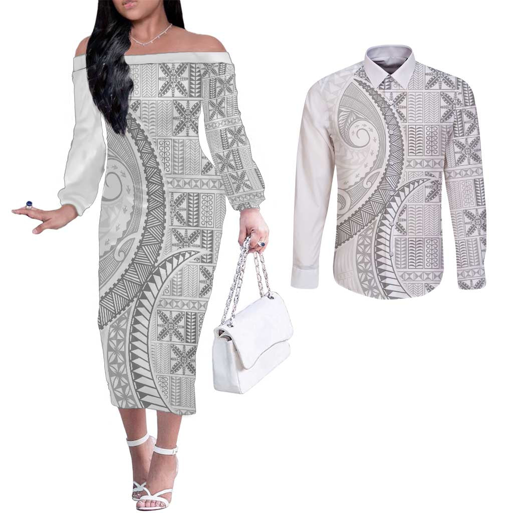Niue White Sunday Couples Matching Off The Shoulder Long Sleeve Dress and Long Sleeve Button Shirt Niuean Lotu Tamaiti Hiapo Pattern - Polynesian Pride