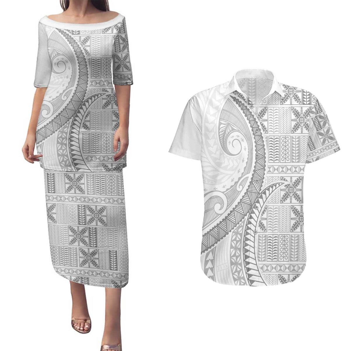 Niue White Sunday Couples Matching Puletasi and Hawaiian Shirt Niuean Lotu Tamaiti Hiapo Pattern - Polynesian Pride