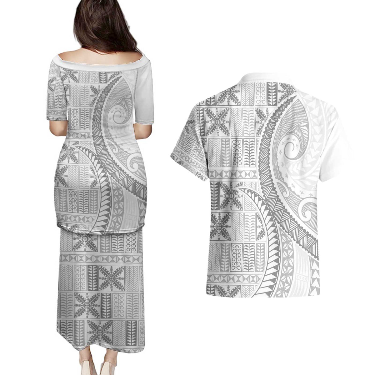 Niue White Sunday Couples Matching Puletasi and Hawaiian Shirt Niuean Lotu Tamaiti Hiapo Pattern - Polynesian Pride