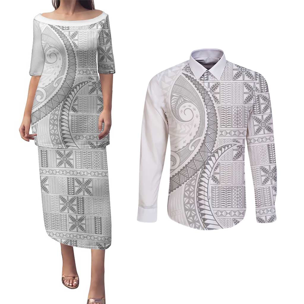 Niue White Sunday Couples Matching Puletasi and Long Sleeve Button Shirt Niuean Lotu Tamaiti Hiapo Pattern - Polynesian Pride