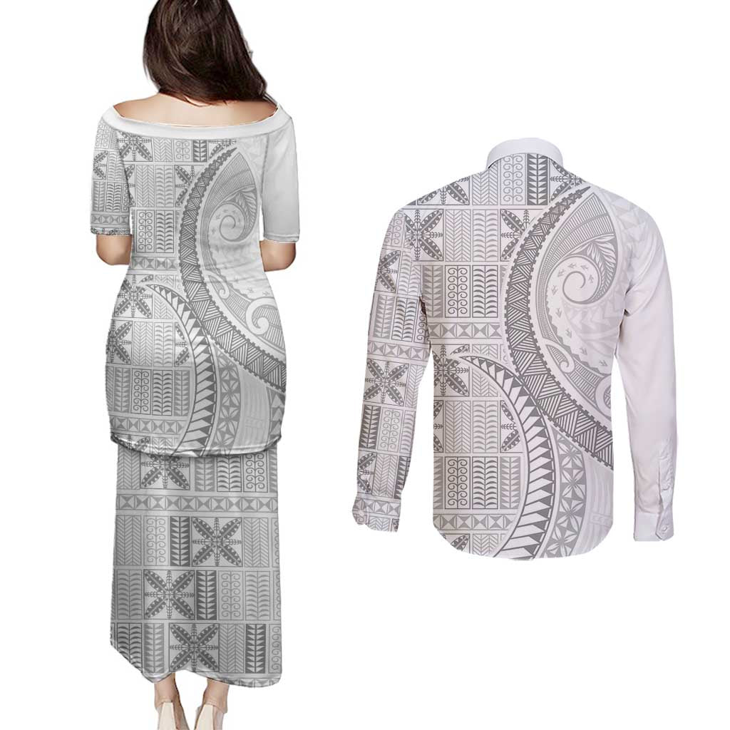 Niue White Sunday Couples Matching Puletasi and Long Sleeve Button Shirt Niuean Lotu Tamaiti Hiapo Pattern - Polynesian Pride