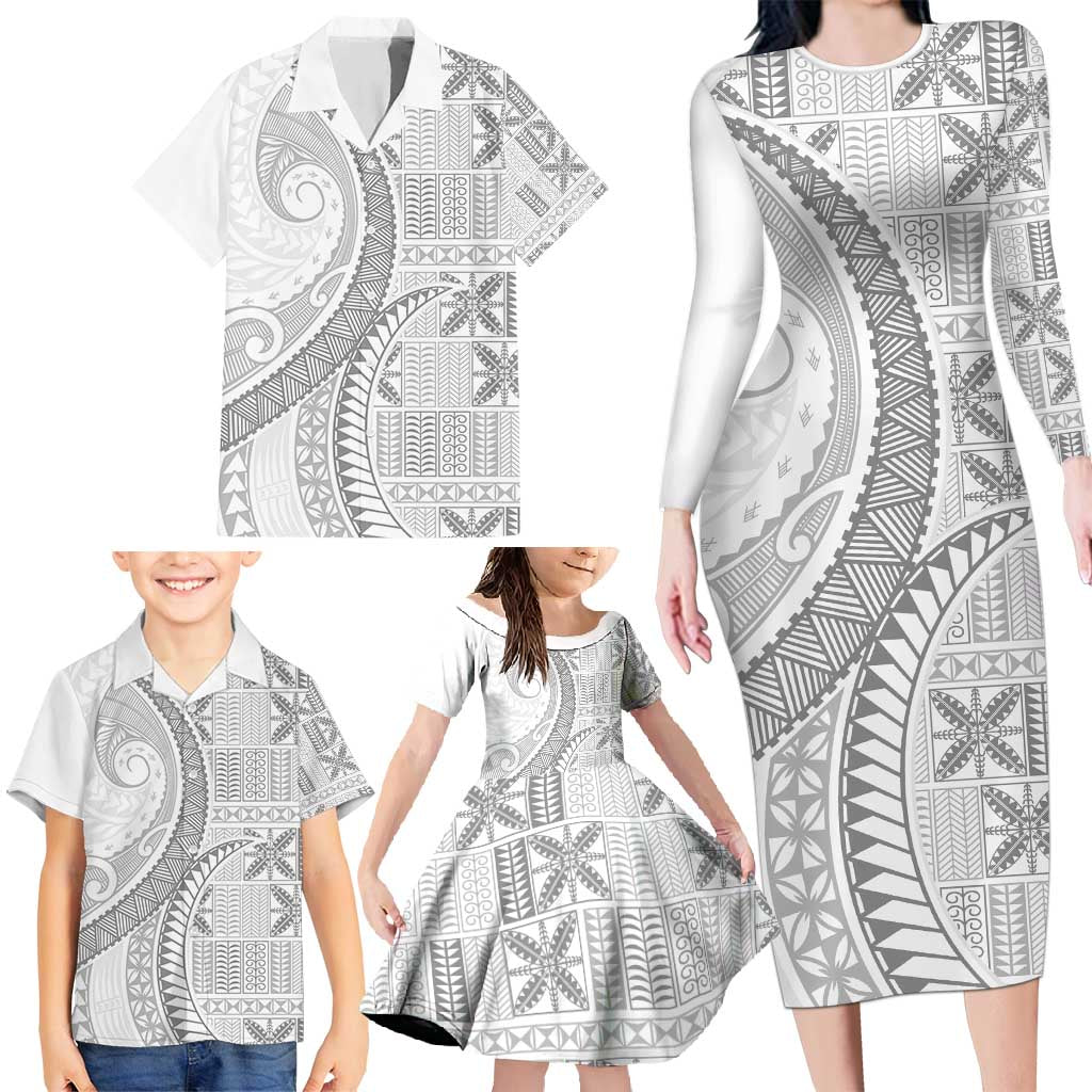 Niue White Sunday Family Matching Long Sleeve Bodycon Dress and Hawaiian Shirt Niuean Lotu Tamaiti Hiapo Pattern - Polynesian Pride