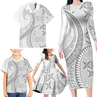 Niue White Sunday Family Matching Long Sleeve Bodycon Dress and Hawaiian Shirt Niuean Lotu Tamaiti Hiapo Pattern - Polynesian Pride