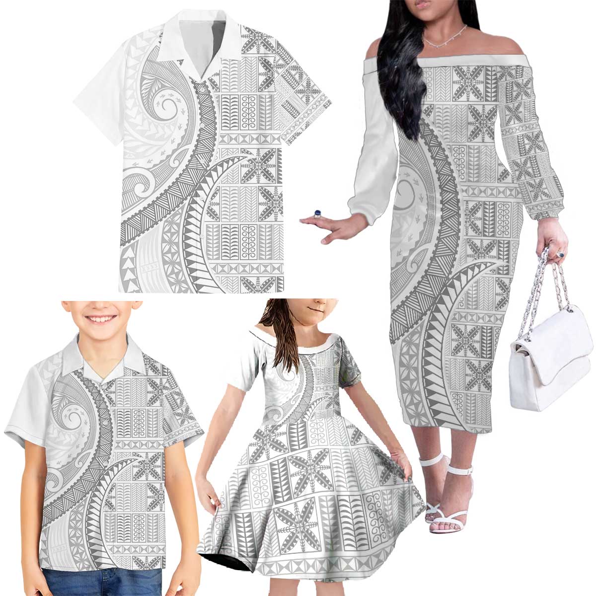 Niue White Sunday Family Matching Off The Shoulder Long Sleeve Dress and Hawaiian Shirt Niuean Lotu Tamaiti Hiapo Pattern - Polynesian Pride