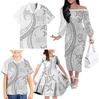 Niue White Sunday Family Matching Off The Shoulder Long Sleeve Dress and Hawaiian Shirt Niuean Lotu Tamaiti Hiapo Pattern - Polynesian Pride