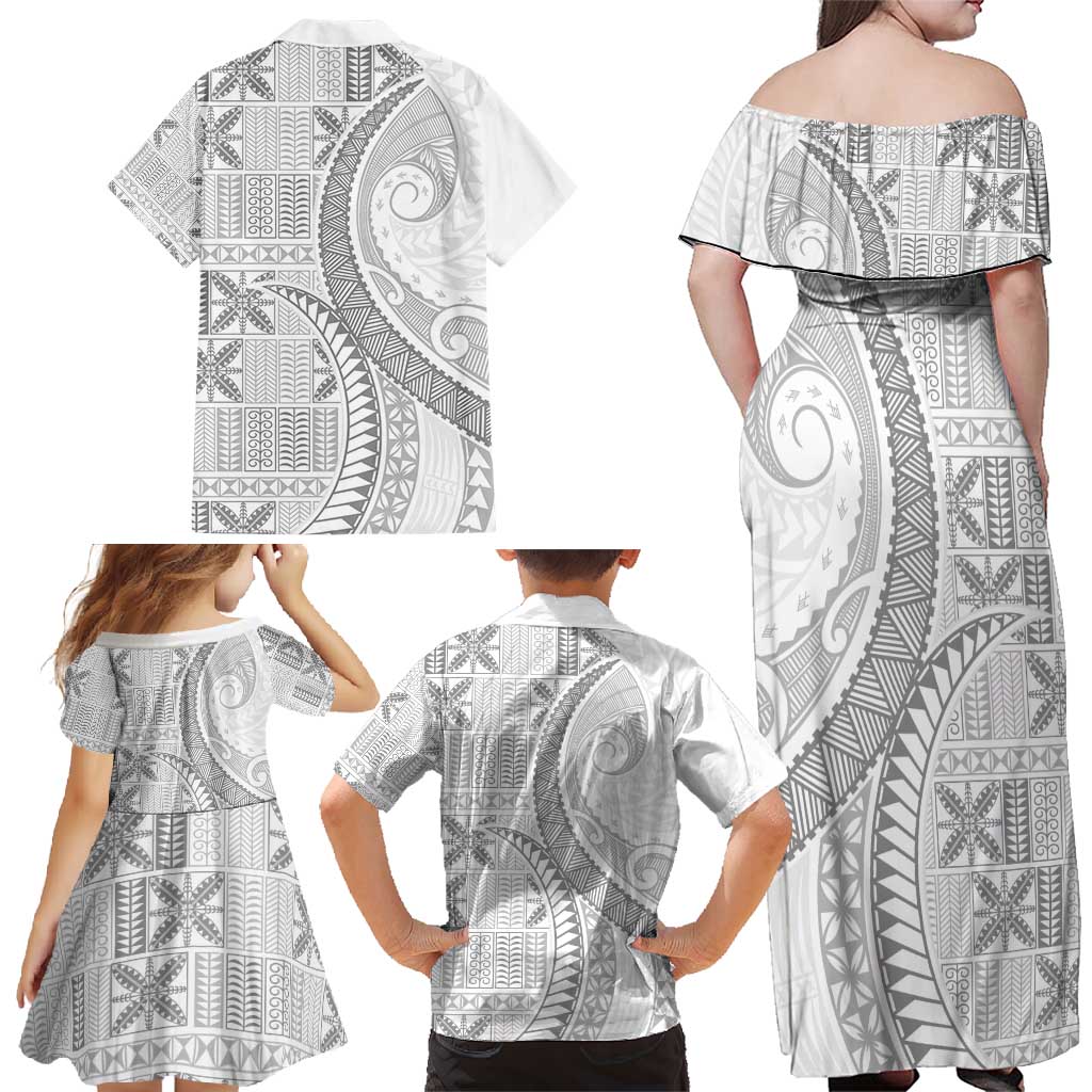 Niue White Sunday Family Matching Off Shoulder Maxi Dress and Hawaiian Shirt Niuean Lotu Tamaiti Hiapo Pattern - Polynesian Pride