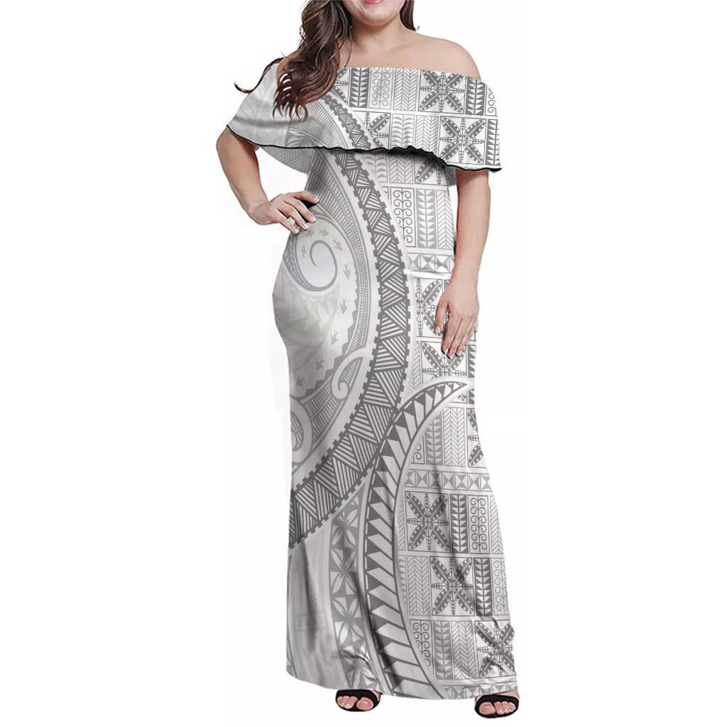 Niue White Sunday Family Matching Off Shoulder Maxi Dress and Hawaiian Shirt Niuean Lotu Tamaiti Hiapo Pattern - Polynesian Pride