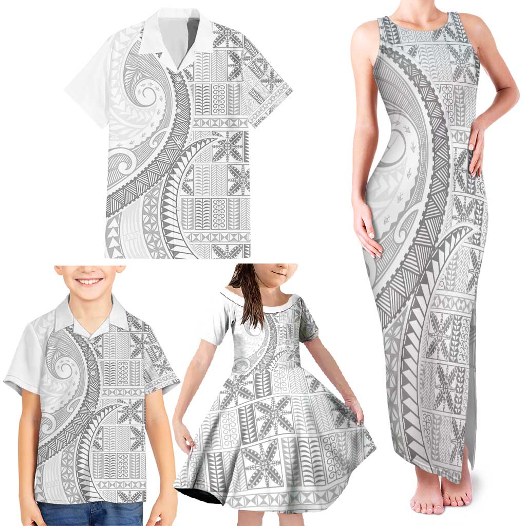 Niue White Sunday Family Matching Tank Maxi Dress and Hawaiian Shirt Niuean Lotu Tamaiti Hiapo Pattern - Polynesian Pride