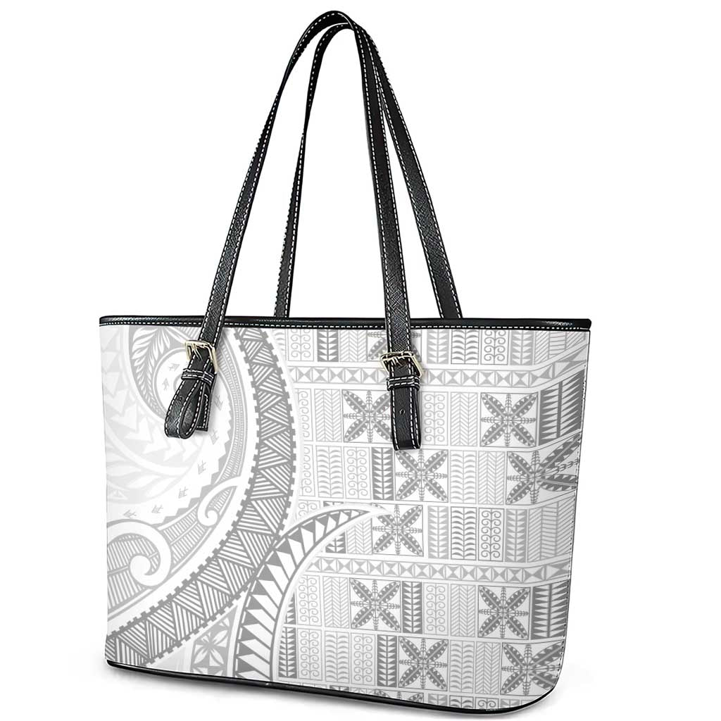 Niue White Sunday Leather Tote Bag Niuean Lotu Tamaiti Hiapo Pattern - Polynesian Pride