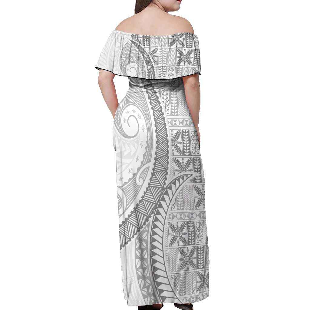 Niue White Sunday Off Shoulder Maxi Dress Niuean Lotu Tamaiti Hiapo Pattern - Polynesian Pride