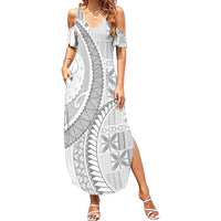 Niue White Sunday Summer Maxi Dress Niuean Lotu Tamaiti Hiapo Pattern - Polynesian Pride