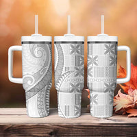 Niue White Sunday Tumbler With Handle Niuean Lotu Tamaiti Hiapo Pattern - Polynesian Pride