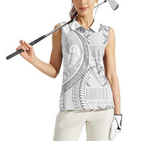 Niue White Sunday Women Sleeveless Polo Shirt Niuean Lotu Tamaiti Hiapo Pattern - Polynesian Pride