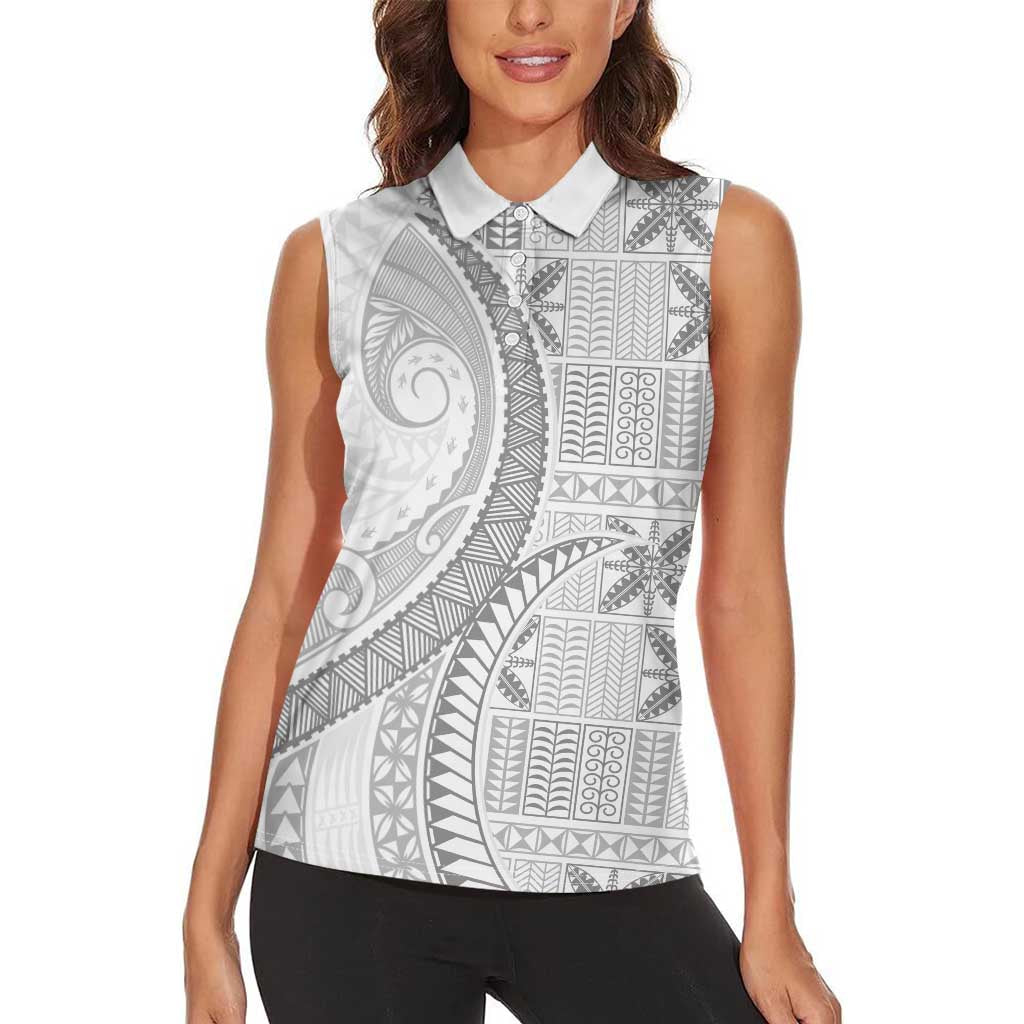 Niue White Sunday Women Sleeveless Polo Shirt Niuean Lotu Tamaiti Hiapo Pattern - Polynesian Pride