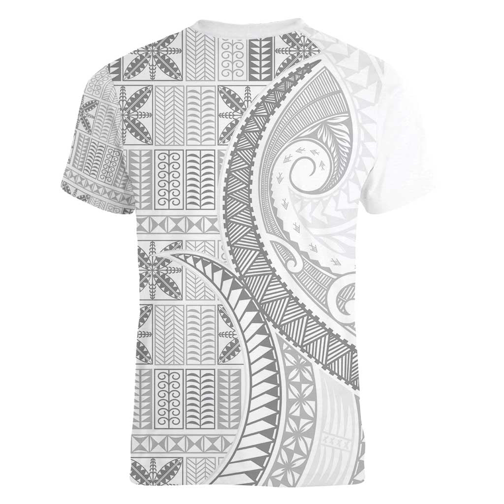 Niue White Sunday Women V-Neck T-Shirt Niuean Lotu Tamaiti Hiapo Pattern - Polynesian Pride