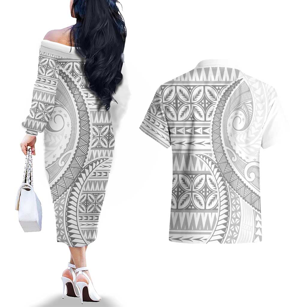 Polynesian White Sunday Couples Matching Off The Shoulder Long Sleeve Dress and Hawaiian Shirt Lotu Tamaiti Melanesian Pattern - Polynesian Pride