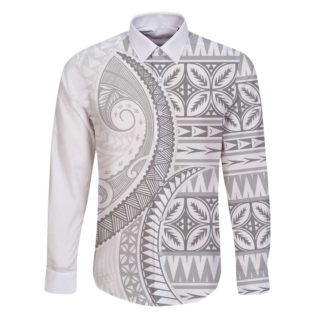 Polynesian White Sunday Family Matching Long Sleeve Bodycon Dress and Hawaiian Shirt Lotu Tamaiti Melanesian Pattern LT9 Dad's Shirt - Long Sleeve White - Polynesian Pride