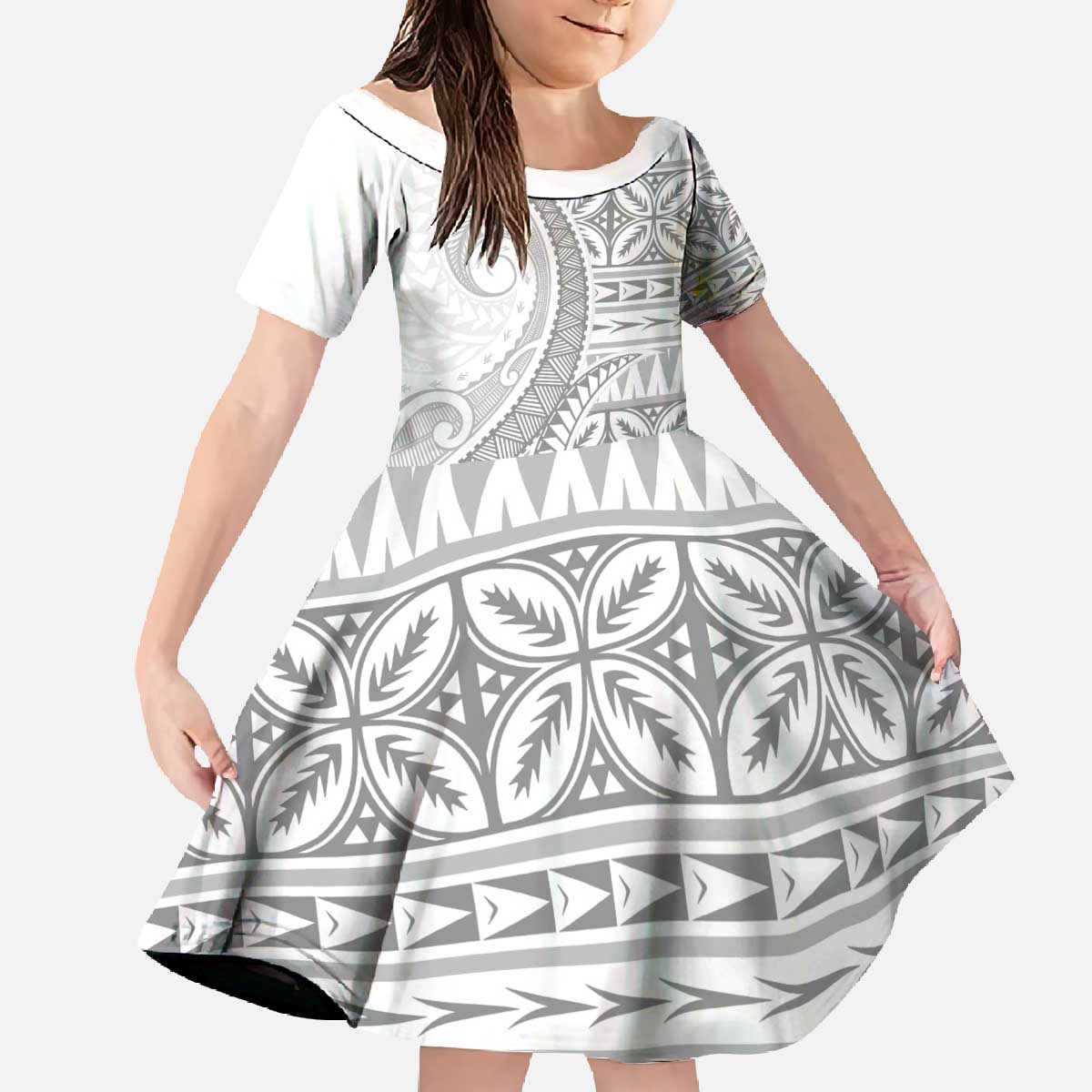 Polynesian White Sunday Family Matching Off The Shoulder Long Sleeve Dress and Hawaiian Shirt Lotu Tamaiti Melanesian Pattern - Polynesian Pride