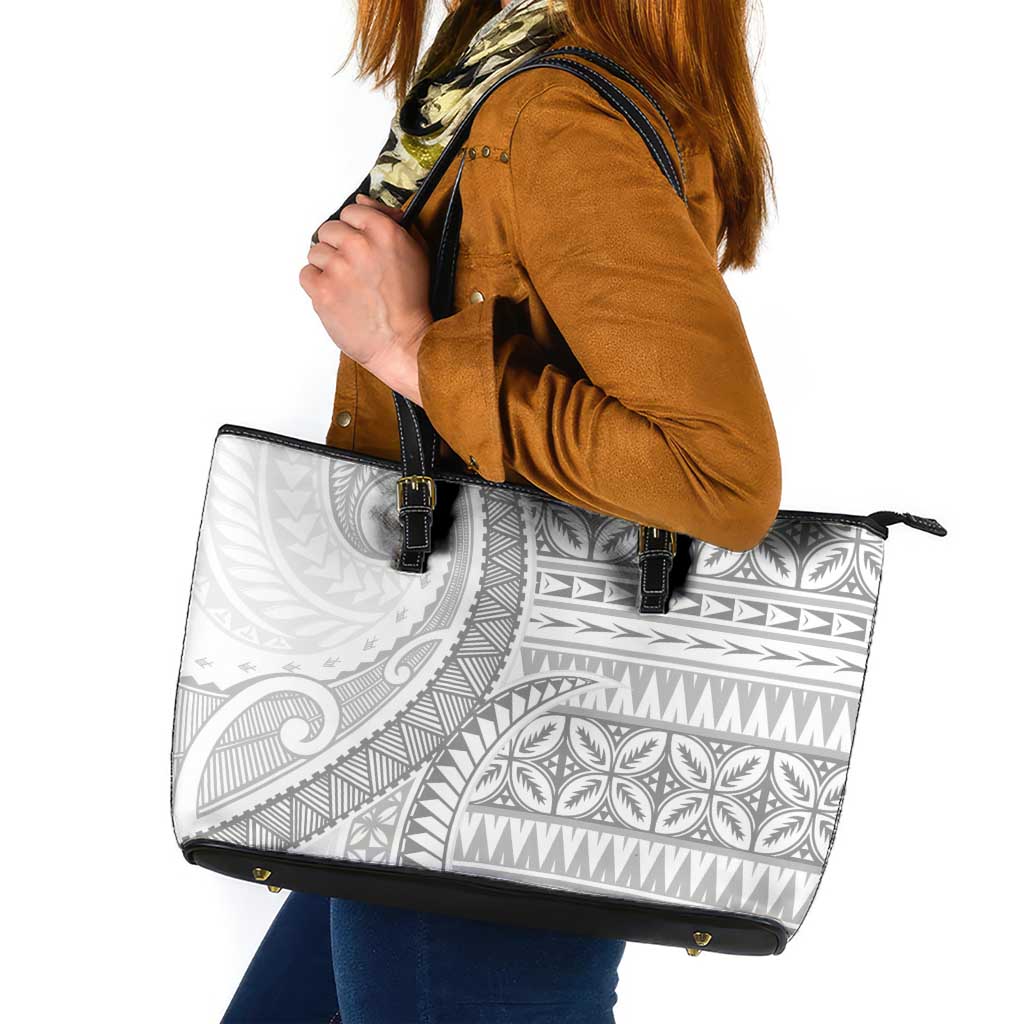 Polynesian White Sunday Leather Tote Bag Lotu Tamaiti Melanesian Pattern - Polynesian Pride