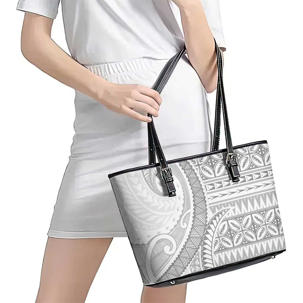 Polynesian White Sunday Leather Tote Bag Lotu Tamaiti Melanesian Pattern - Polynesian Pride