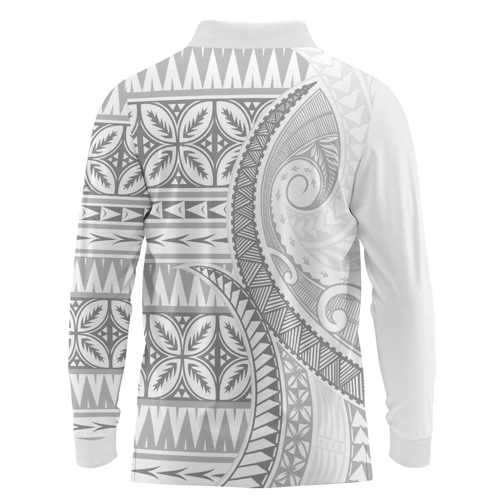 Polynesian White Sunday Long Sleeve Polo Shirt Lotu Tamaiti Melanesian Pattern LT9 - Polynesian Pride