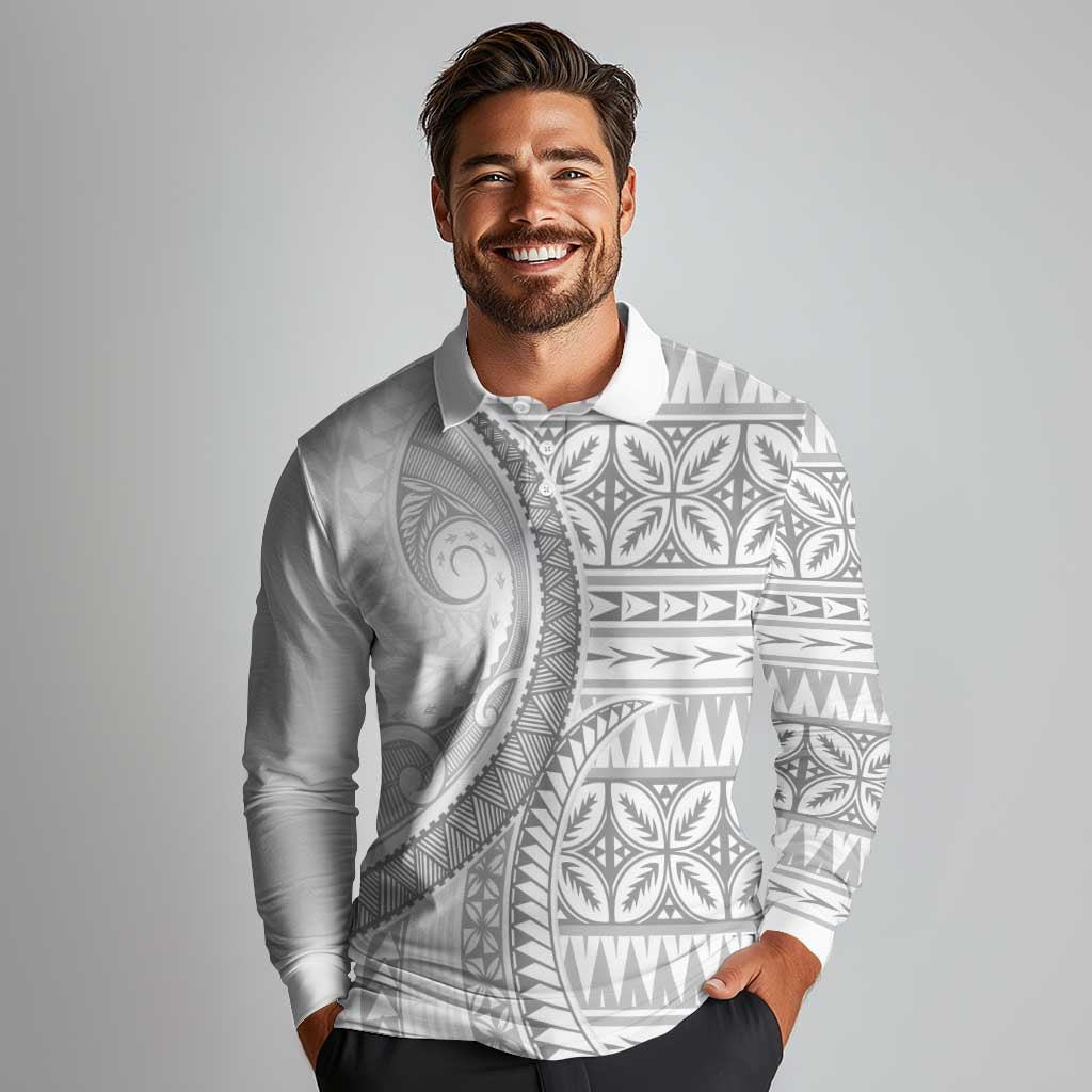 Polynesian White Sunday Long Sleeve Polo Shirt Lotu Tamaiti Melanesian Pattern LT9 - Polynesian Pride