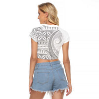 Polynesian White Sunday Raglan Cropped T Shirt Lotu Tamaiti Melanesian Pattern - Polynesian Pride