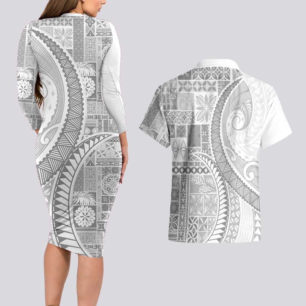 Samoa Siapo White Sunday Couples Matching Long Sleeve Bodycon Dress and Hawaiian Shirt Lotu Tamaiti Polynesian White Pattern - Polynesian Pride