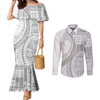 Samoa Siapo White Sunday Couples Matching Mermaid Dress and Long Sleeve Button Shirt Lotu Tamaiti Polynesian White Pattern - Polynesian Pride