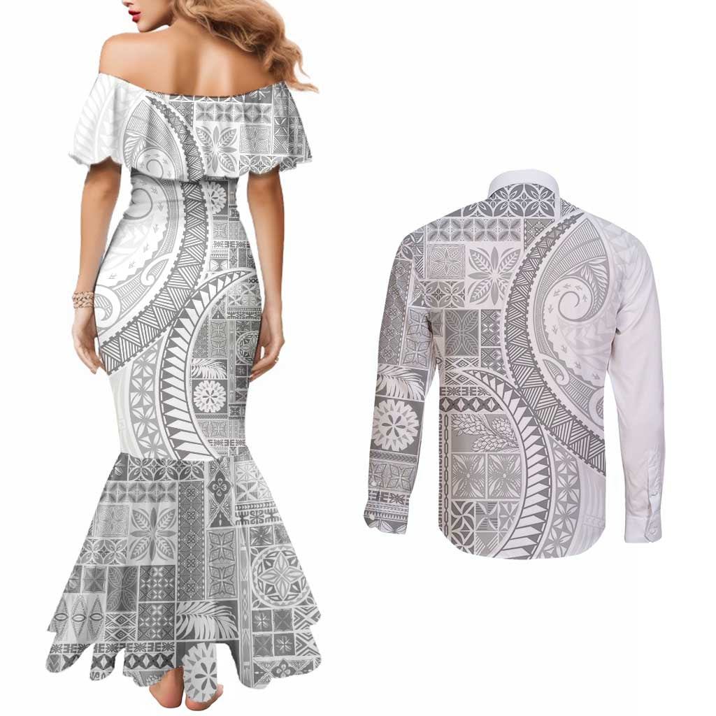 Samoa Siapo White Sunday Couples Matching Mermaid Dress and Long Sleeve Button Shirt Lotu Tamaiti Polynesian White Pattern - Polynesian Pride